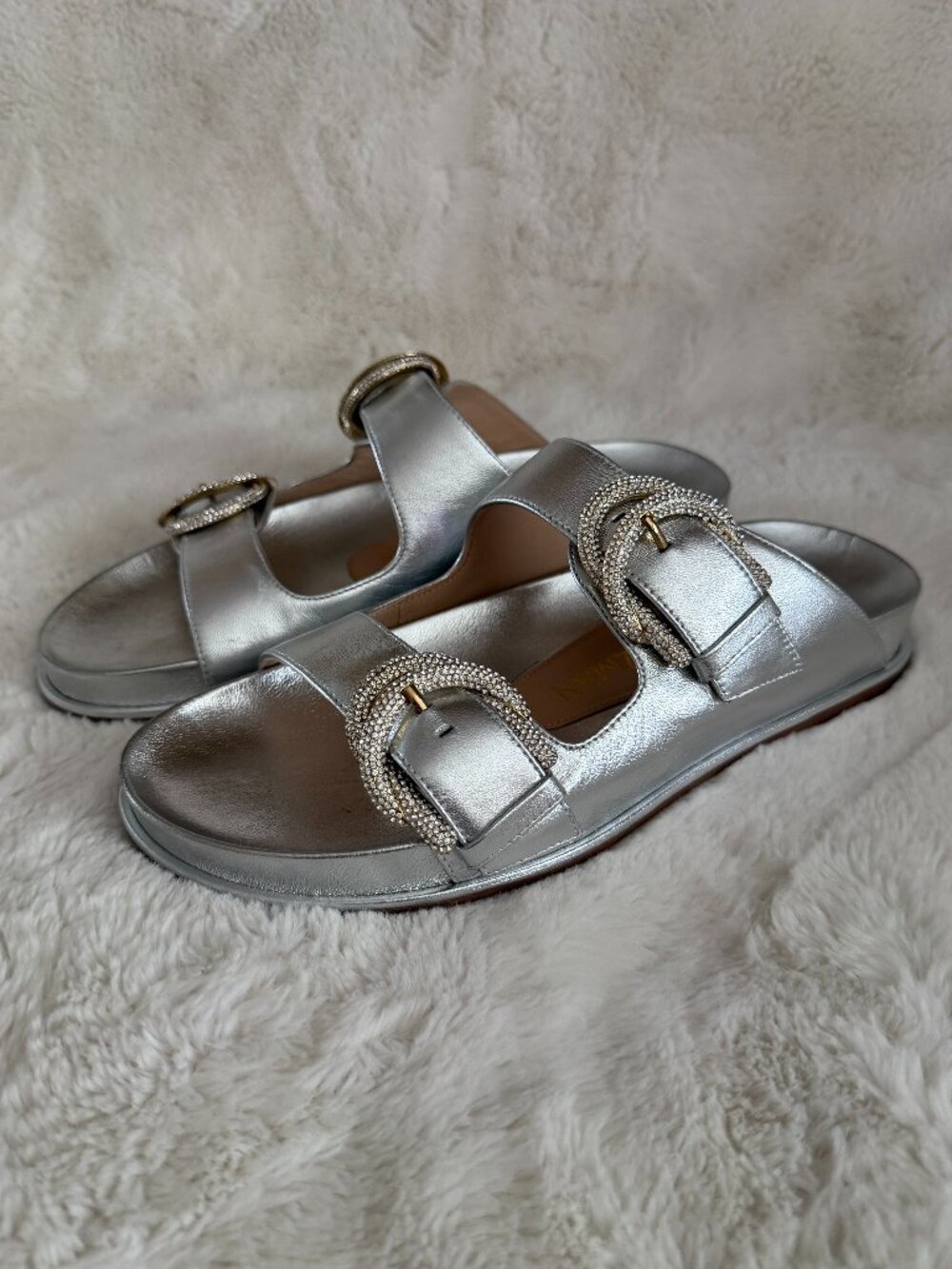 Stuart Weitzman Juanita Silver Bedazzled Buckle Sandal Slides Size: 6.5